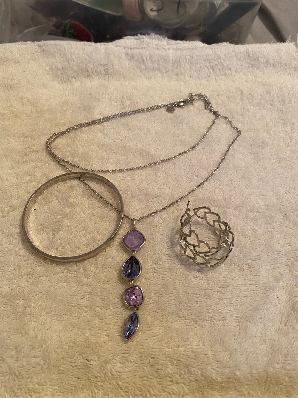 TCS Silver-Tone Necklace with Purple Gemstone Pendant and Kate Spade bracelet